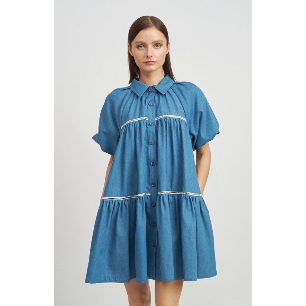 En Saison‎ Tara Tiered Cotton Trapeze Shirtdress In Chambray Blue Size XS
